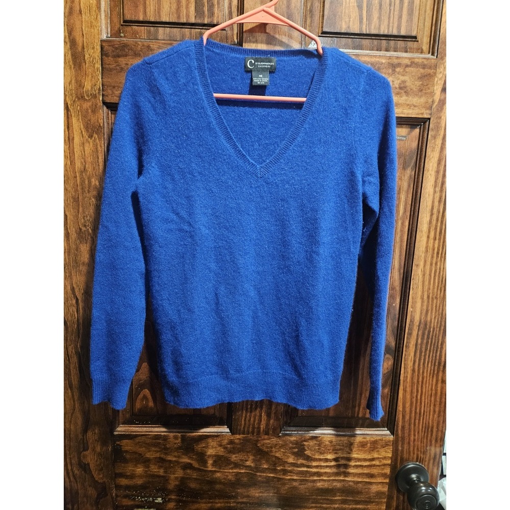 C By Bloomingdales Cashmere Sweater Blue V Neck 2 Ply Pullover Womens XS